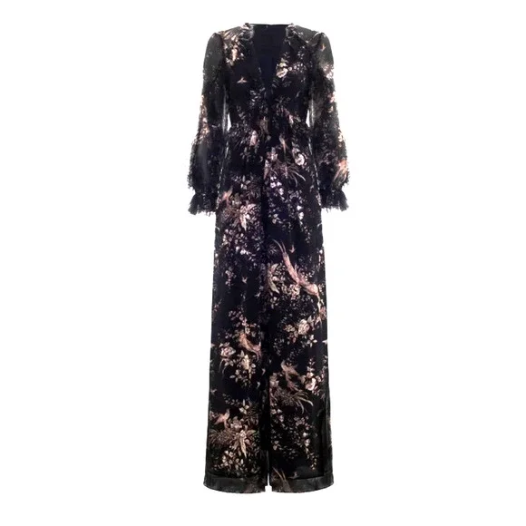 Zimmermann 1/ US 6 Maples $995 Feathery Silk Jumpsuit Wide Leg Maxi Dress Black - Picture 14 of 16